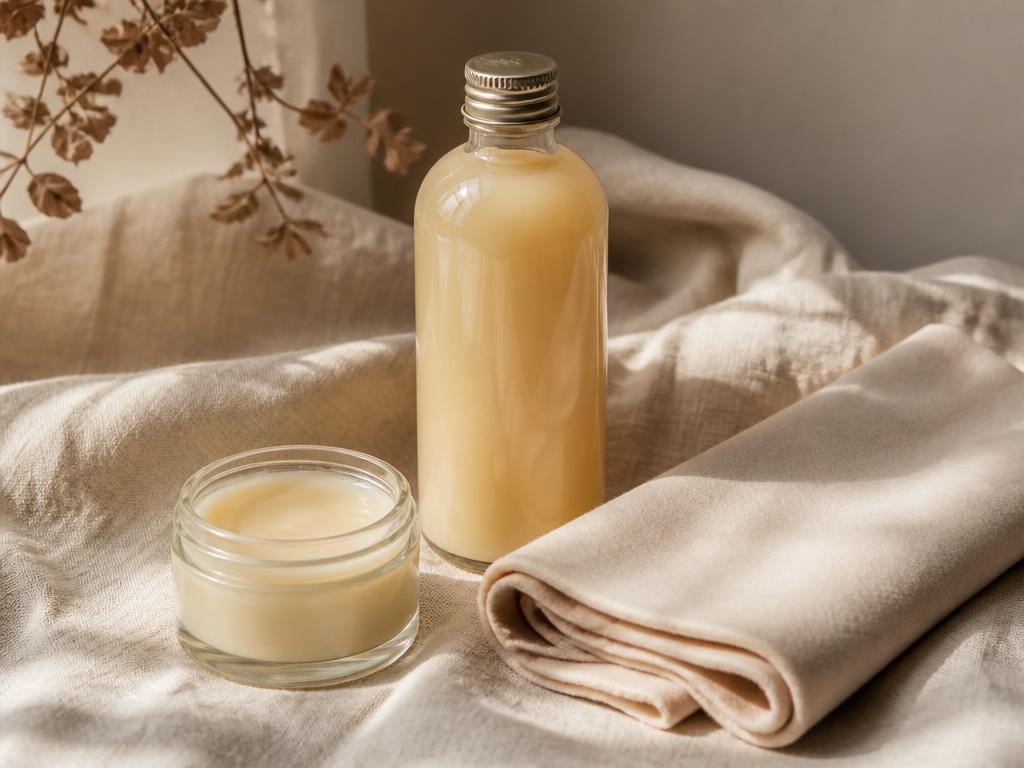 Leather care kit: balm, conditioner and soft cloth on bone linen