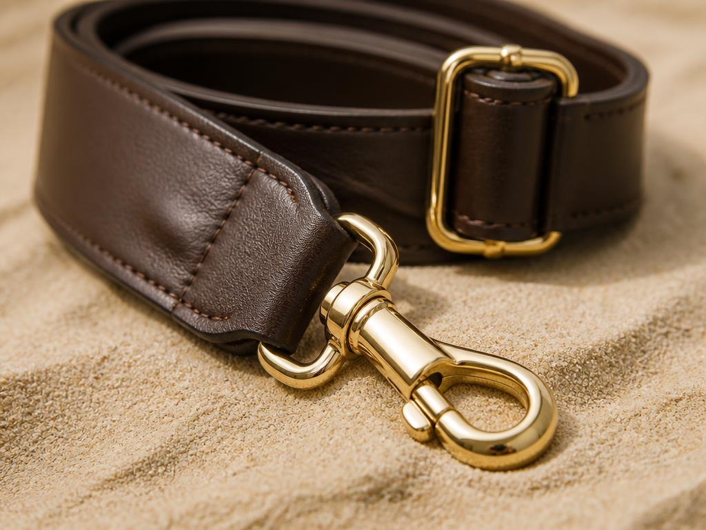 Gold-tone clasp on a wide dark brown leather crossbody strap