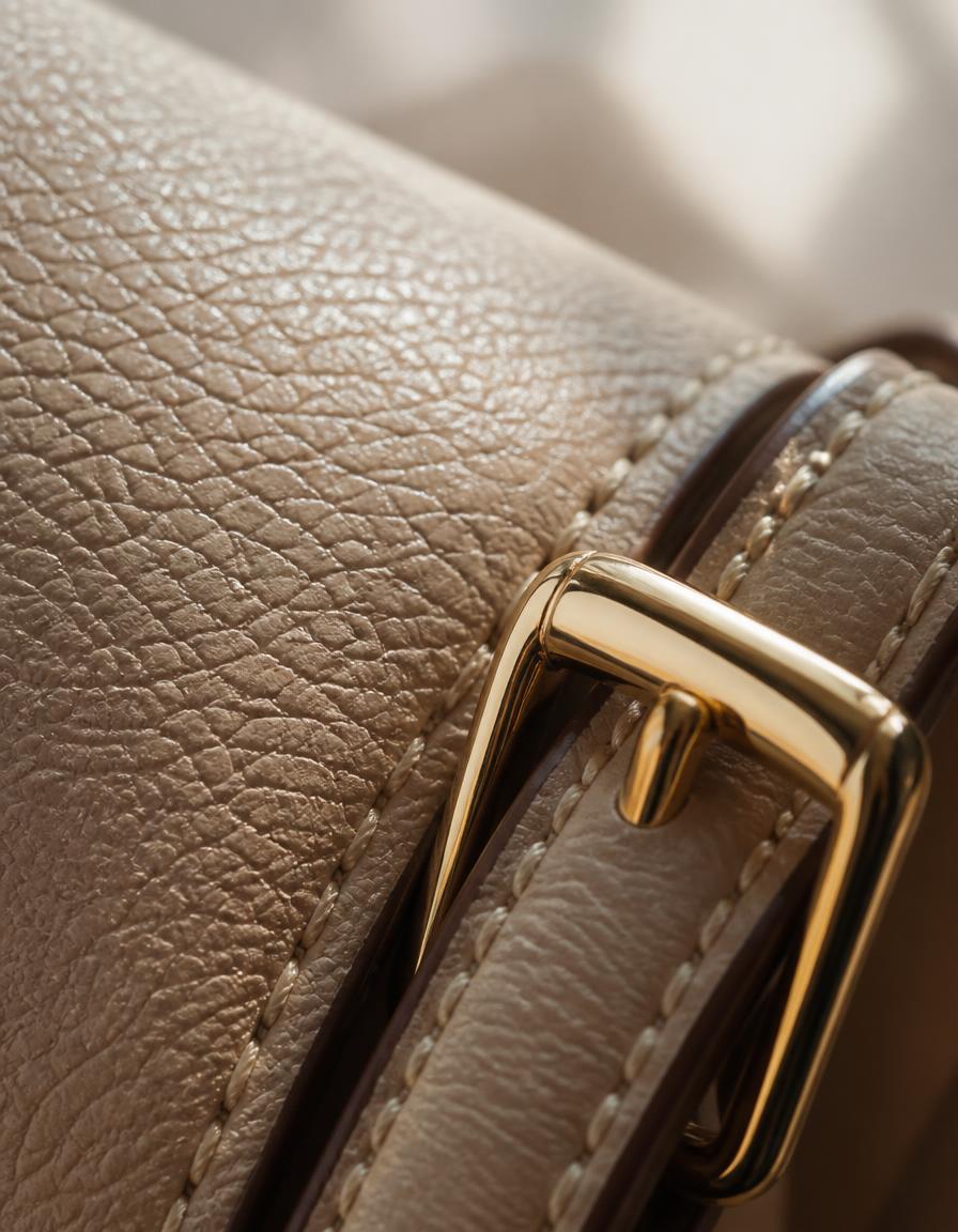 Close-up of leather grain and gold-tone hardware in natural light