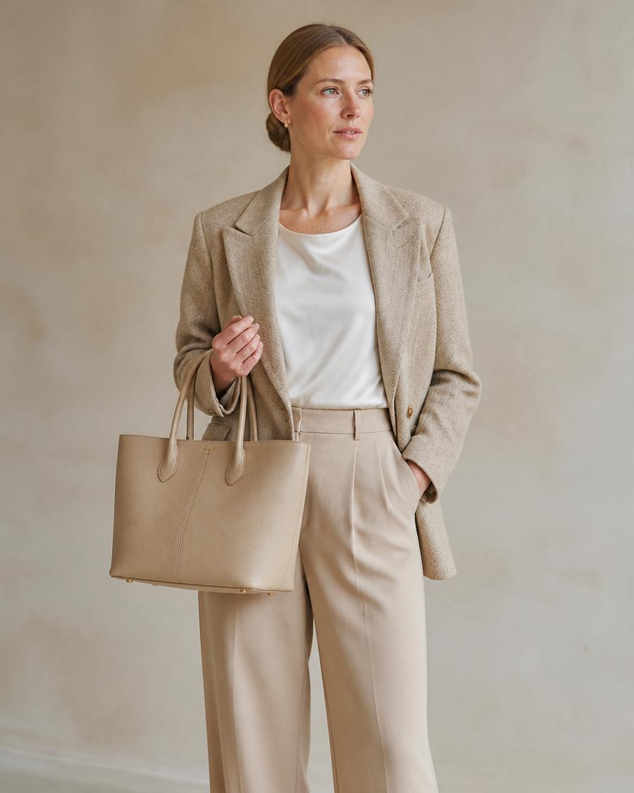 Model carrying The Aura Tote, structured tote, four colours