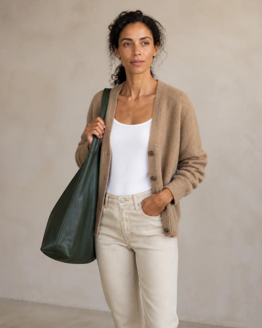 Model carrying The Mulberry Bloom, soft slouch tote, three colours