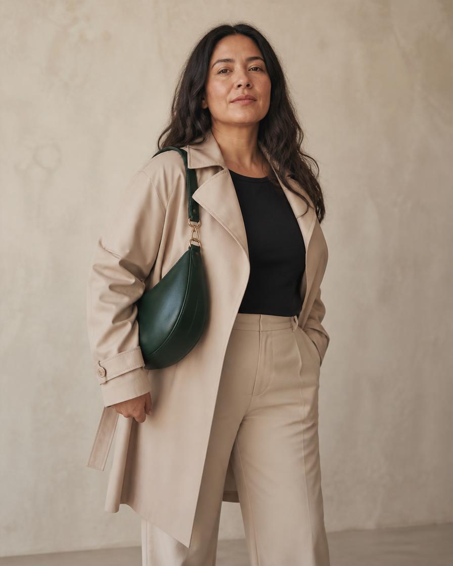 Model carrying The Pearl Arc, curved shoulder bag, three colours