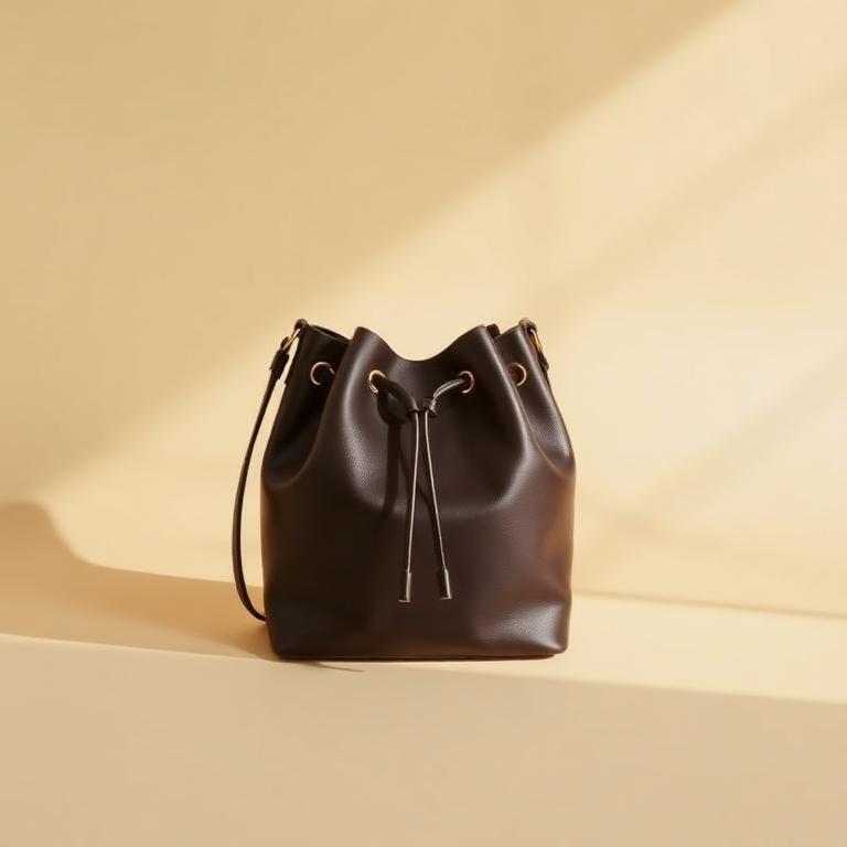 Bucket bags in genuine leather on a warm neutral backdrop